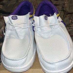 Hey Dude (LSU-FANS) White Slip-On Sneakers Purple/Yellow Accents (Can be Unisex)